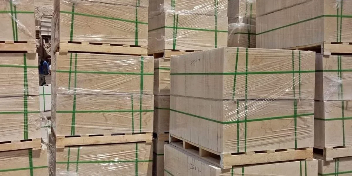 Wooden pallets stacked and wrapped